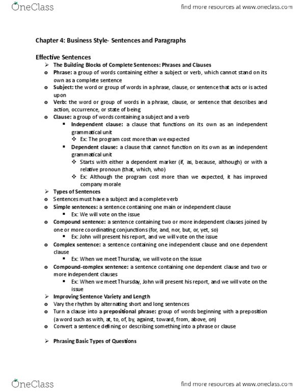 CMN 279 Chapter Notes - Chapter 4: Independent Clause, Dependent Clause, Sentence Clause Structure thumbnail