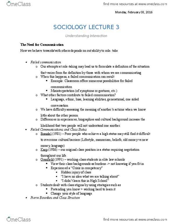 SOC 107 Lecture Notes - Lecture 3: Pierre Bourdieu, Erving Goffman, The Need thumbnail