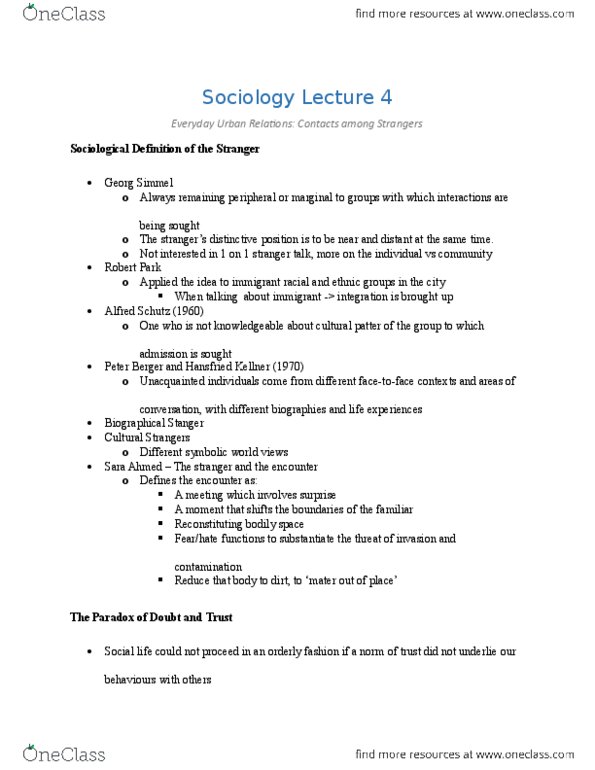 SOC 107 Lecture Notes - Lecture 4: Georg Simmel, Kwadukuza, Bank Teller thumbnail