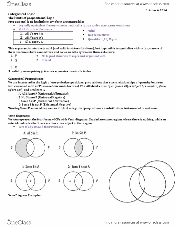 PHL145H5 Lecture Notes - Lecture 5: Venn Diagram, Propositional Calculus, If And Only If thumbnail