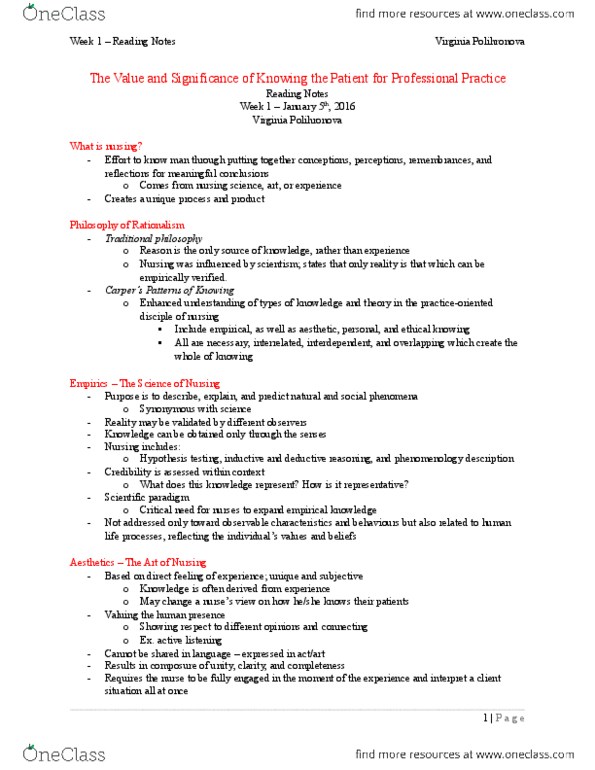 Nursing 1160A/B Chapter Notes - Chapter 1: Tacit Knowledge, Scientism, Deductive Reasoning thumbnail