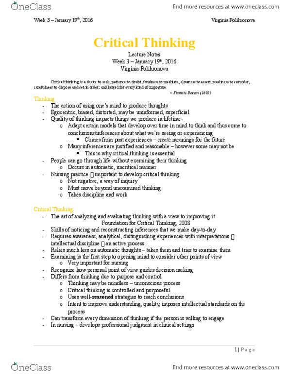 Nursing 1160A/B Lecture Notes - Lecture 3: Critical Thinking, Validity, Jargon thumbnail