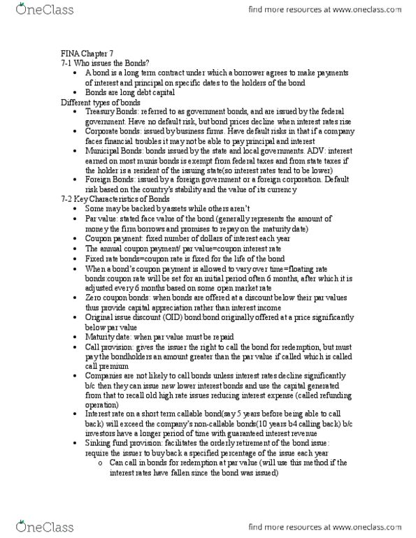 FINA 2201 Chapter Notes - Chapter 7: Callable Bond, Interest Rate Risk, Premium Bond thumbnail