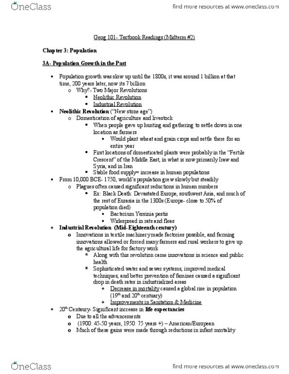 GEOG101 Chapter Notes - Chapter 3: Total Fertility Rate, Infant Mortality, Neolithic Revolution thumbnail