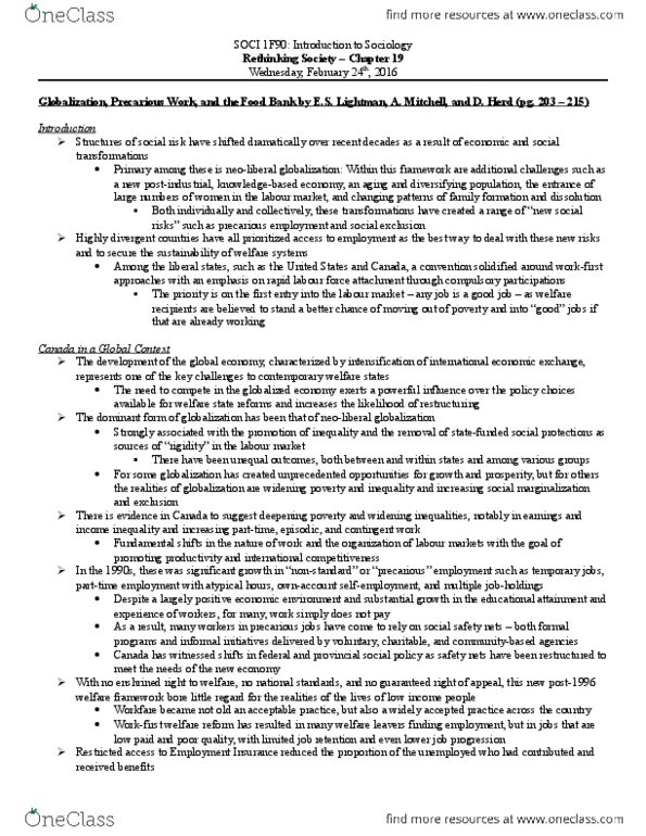 SOCI 1F90 Chapter Notes - Chapter 19: Food Bank, Unemployment Benefits, Contingent Work thumbnail