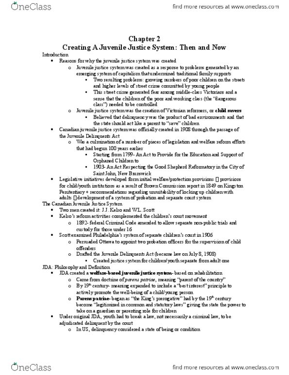 Sociology 2267A/B Chapter Notes - Chapter 2: Youth Criminal Justice Act, Parens Patriae, Young Offenders Act thumbnail