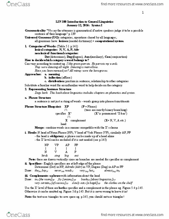 LIN100Y1 Lecture Notes - Lecture 1: Universal Grammar, Phenylalanine, Grammaticality thumbnail