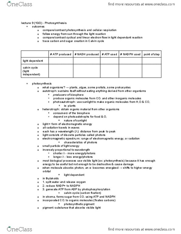 01:119:115 Lecture Notes - Lecture 9: Photosynthetic Pigment, Light-Independent Reactions, Thylakoid thumbnail