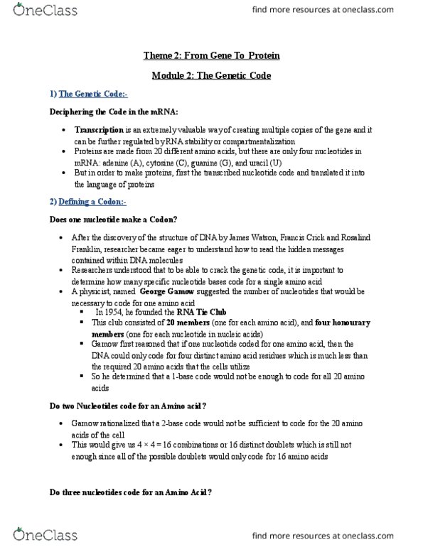 BIOLOGY 1A03 Chapter Notes - Chapter 2: Rna Tie Club, Marshall Warren Nirenberg, George Gamow thumbnail