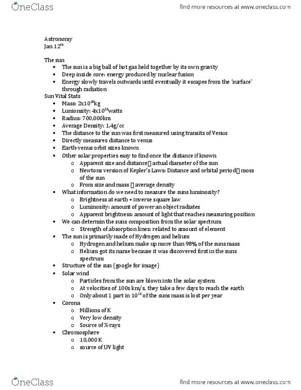 Astronomy 1021 Lecture Notes - Lecture 9: Inverse-Square Law, Chromosphere, Balmer Series thumbnail