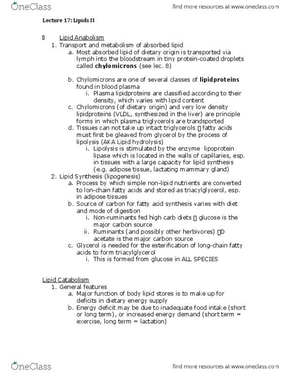 ANSC 2120 Lecture Notes - Lecture 17: Dietary Energy Supply, Adipose Tissue, Lipoprotein Lipase thumbnail