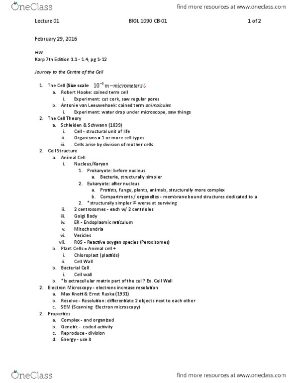 BIOL 1090 Lecture Notes - Lecture 14: Robert Hooke, Animalcule, Cell Theory thumbnail