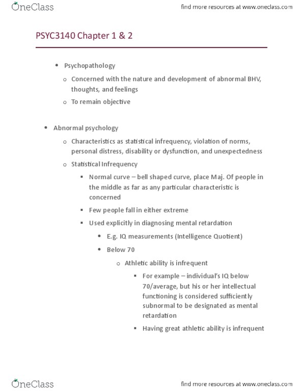 PSYC 3140 Chapter Notes - Chapter 1: Intellectual Disability, Anxiety Disorder, Abnormal Psychology thumbnail