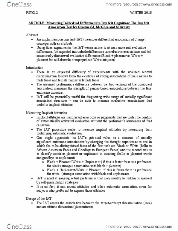 PSYC21H3 Lecture 3: Greenwald notes summary thumbnail