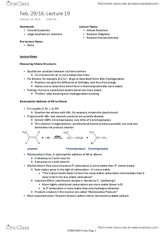 CHM136H1 Lecture Notes - Lecture 19: Electrophilic Addition, Butene, Carbocation thumbnail