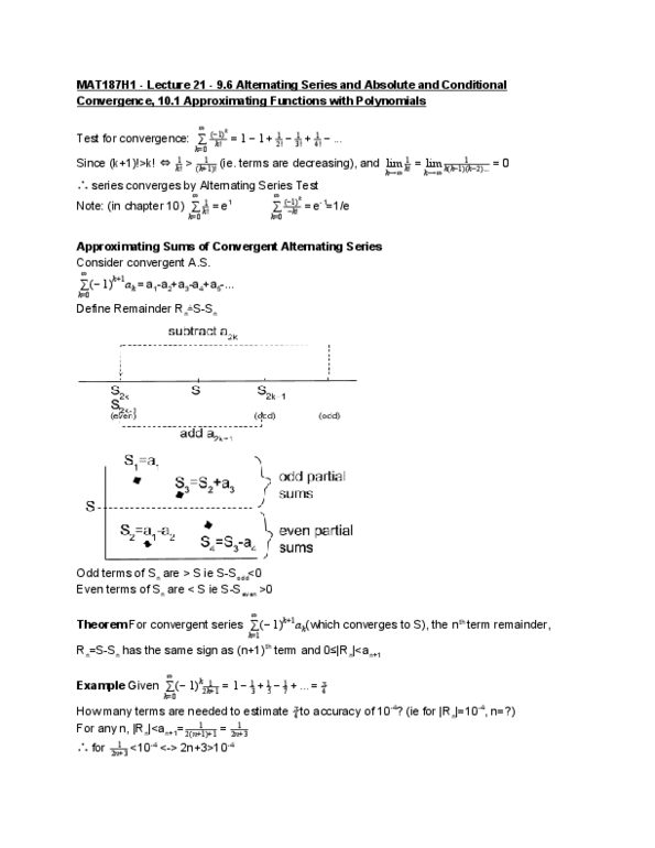 MAT136H1 Lecture 21: 9.6 Alternating Series and Absolute and Conditional Convergence 10.1 Approximating Functions with Polynomials thumbnail