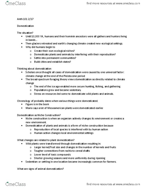 ANTH 101 Lecture Notes - Lecture 3: Niche Construction, Rachis, Domestication thumbnail