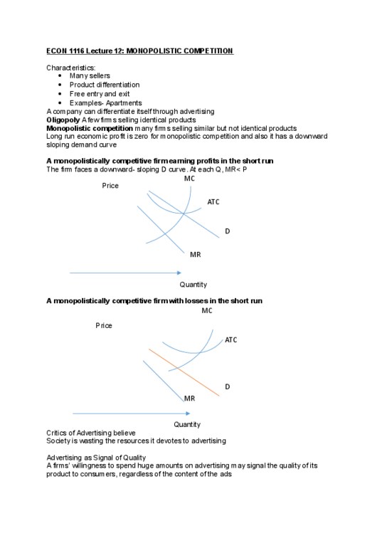 ECON 1116 Lecture Notes - Lecture 12: Monopolistic Competition, Demand Curve, Product Differentiation thumbnail