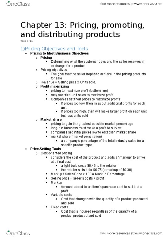 BUS 201 Lecture Notes - Lecture 9: Price Skimming, Dynamic Pricing, Psychological Pricing thumbnail