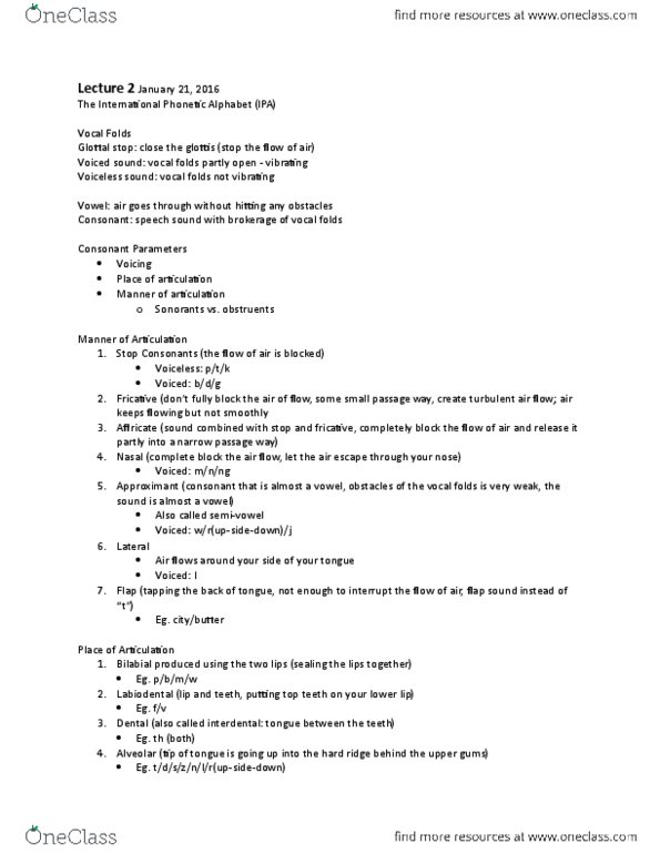 LIN200H1 Lecture Notes - Lecture 2: International Phonetic Alphabet, Vocal Folds, Back Vowel thumbnail