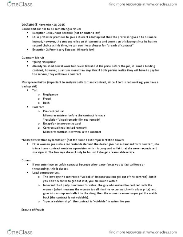 RSM225H1 Lecture Notes - Lecture 8: Standard Form Contract, Car Rental, Estoppel thumbnail