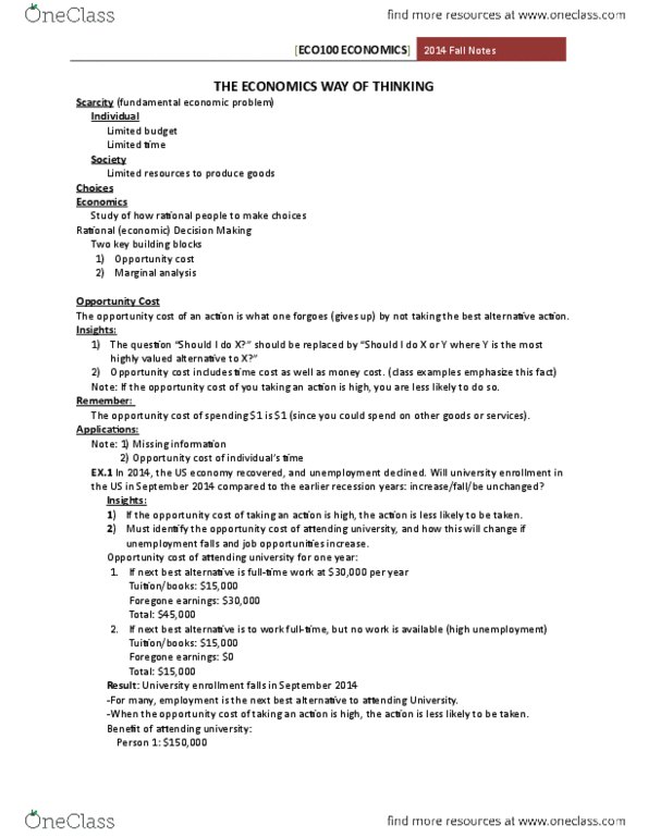 ECO101H1 Lecture Notes - Lecture 1: Sunk Costs, Opportunity Cost, Marginal Cost thumbnail