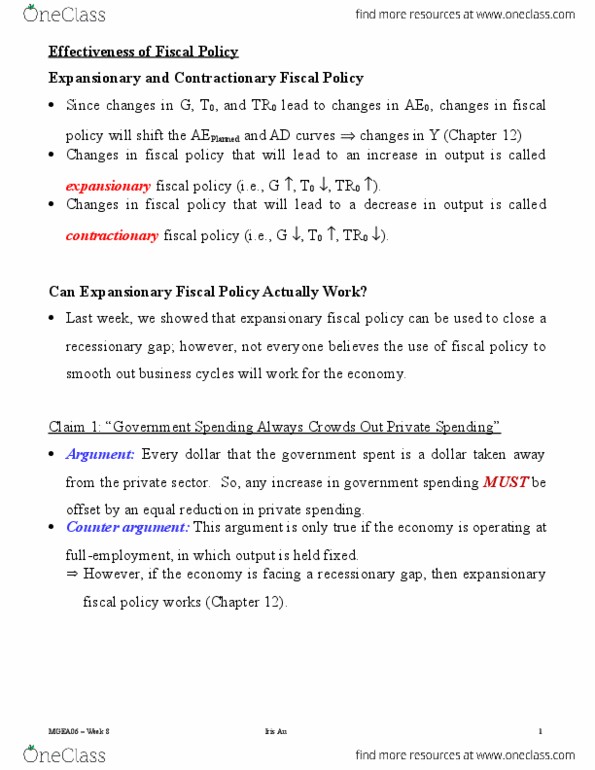 MGEA06H3 Lecture Notes - Lecture 8: Government Budget Balance, Output Gap, Ricardian Equivalence thumbnail