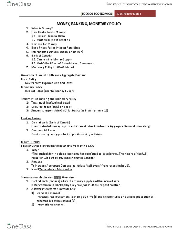 ECO102H1 Lecture Notes - Lecture 15: Bank Reserves, Reserve Requirement, Excess Reserves thumbnail