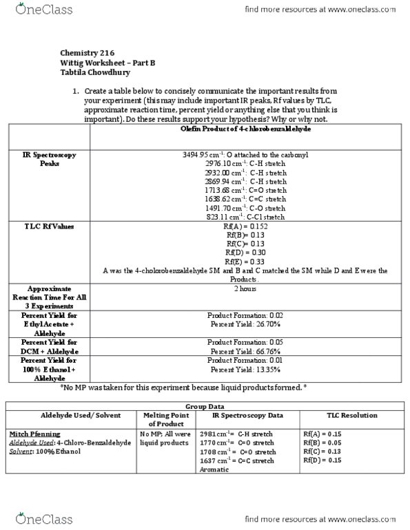 CHEM 216 Lecture Notes - Lecture 6: Ethyl Acetate, Infrared Spectroscopy, Wittig Reaction thumbnail