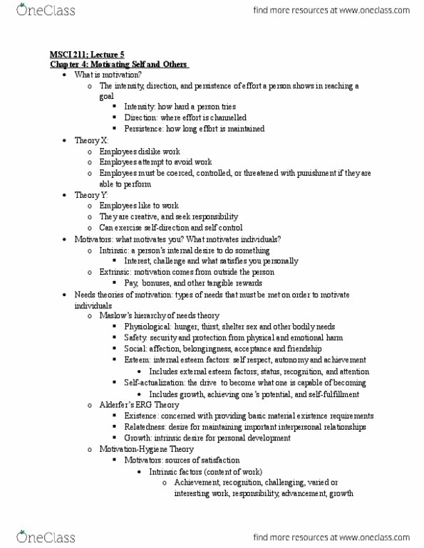 MSCI211 Lecture Notes - Lecture 5: Motivation, Msci, Theory X And Theory Y thumbnail