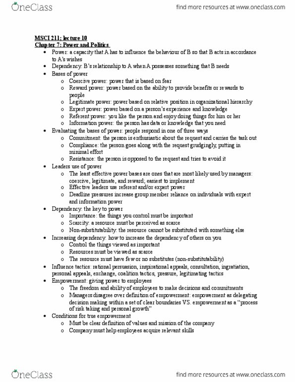 MSCI211 Lecture Notes - Lecture 9: Msci, Hierarchical Organization, Workplace Bullying thumbnail