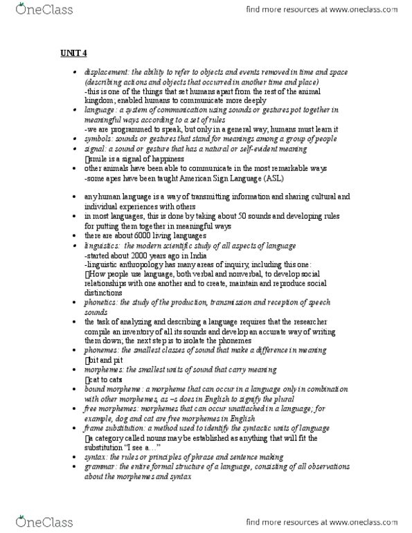 ANTH 1150 Lecture Notes - Lecture 4: American Sign Language, Bound And Unbound Morphemes, Paralanguage thumbnail