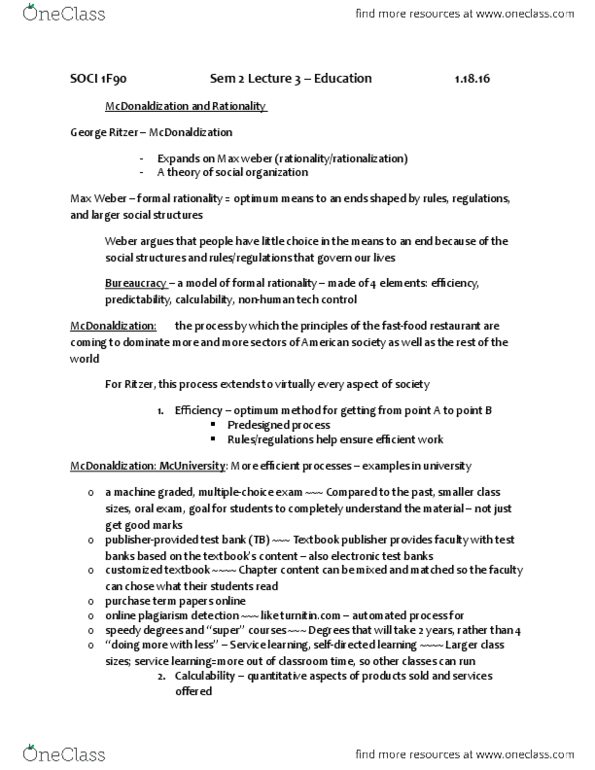 SOCI 1F90 Lecture Notes - Lecture 3: George Ritzer, Plagiarism, Mcdonaldization thumbnail