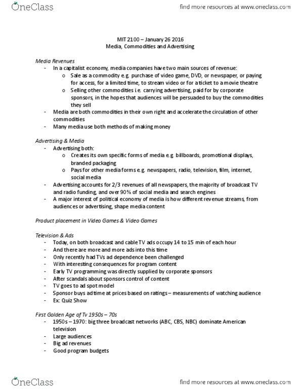 Media, Information and Technoculture 2100F/G Lecture Notes - Lecture 4: Product Placement, Making Money, Effective Demand thumbnail