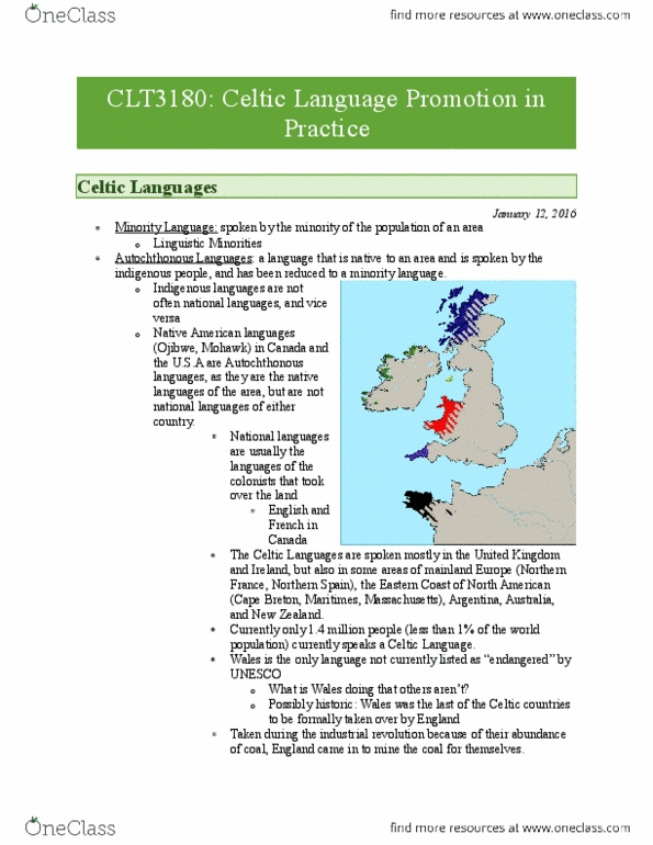 CLT 3180 Lecture Notes - Lecture 1: Celtic Languages, Celtic Congress, The Irish News thumbnail