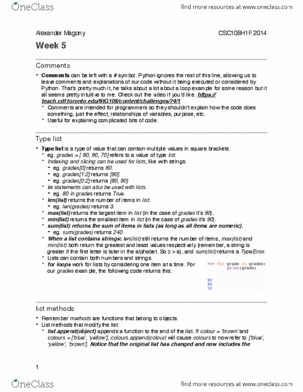 CSCA08H3 Lecture 5: CSC108 - Week 5 Notes thumbnail