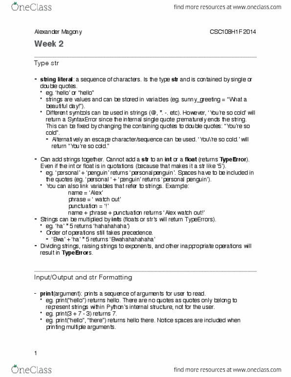 CSCA08H3 Lecture 2: CSC108 - Week 2 Notes thumbnail