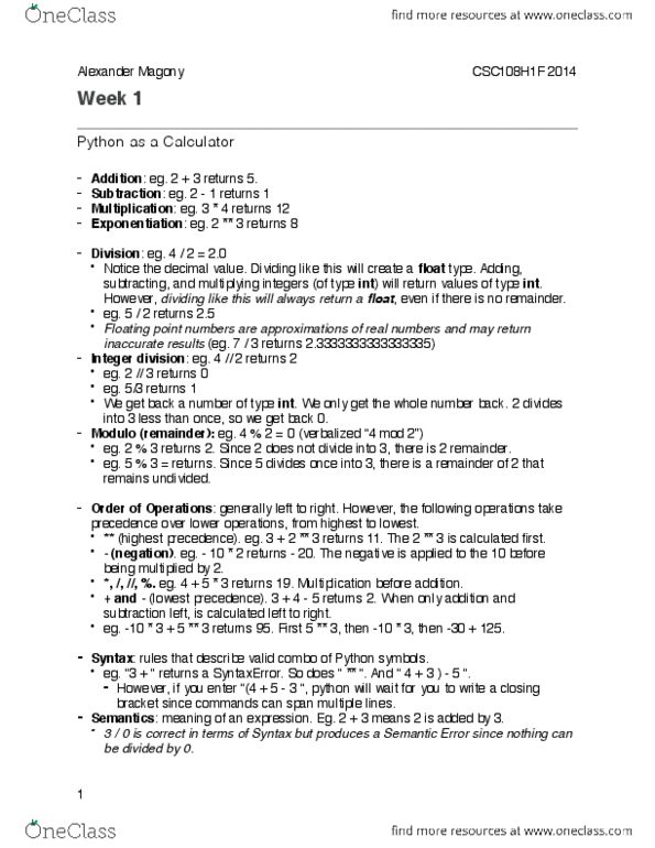 CSCA08H3 Lecture 1: CSC108 - Week 1 Notes thumbnail