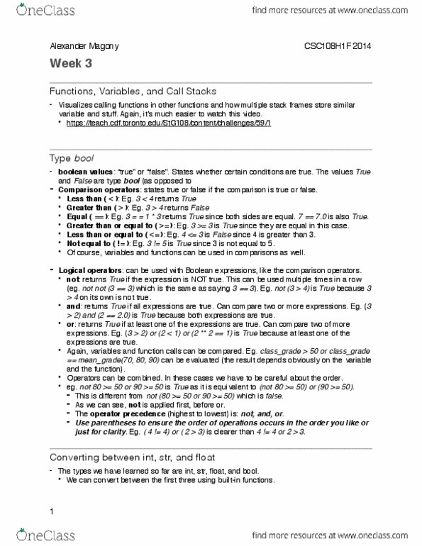 CSCA08H3 Lecture 3: CSC108 - Week 3 Notes thumbnail