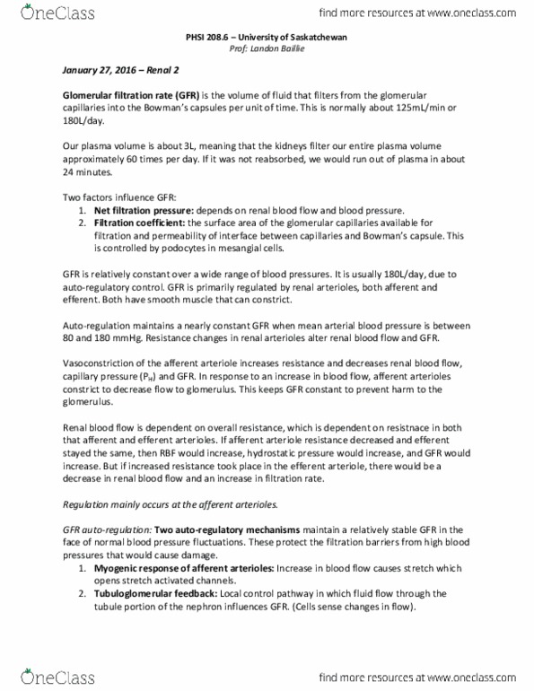 PHSI 208 Lecture Notes - Lecture 2: Renal Function, Macula Densa, Renal Blood Flow thumbnail