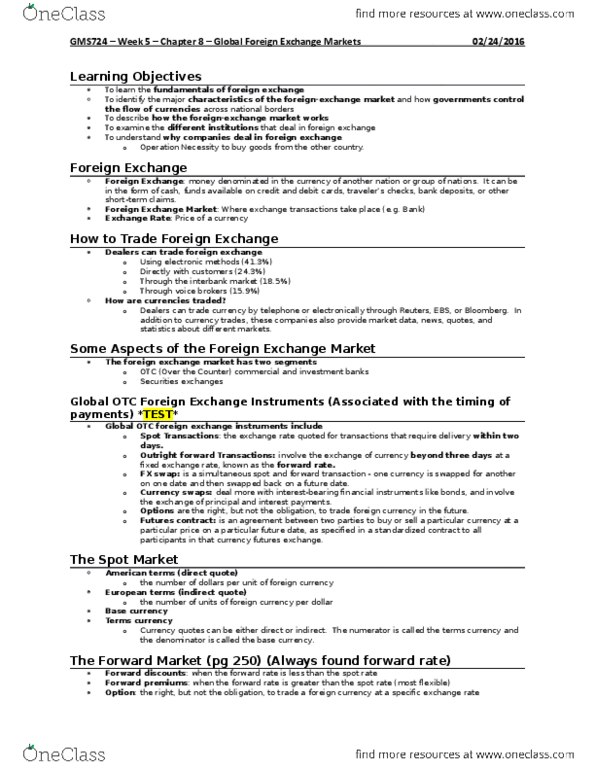 GMS 724 Lecture Notes - Lecture 5: Foreign Exchange Market, Reserve Currency, Spot Contract thumbnail