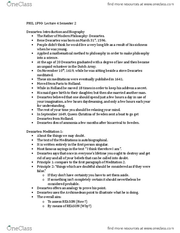 PHIL 1F90 Lecture Notes - Lecture 4: Cartesian Doubt, Archimedean Point, Royal Netherlands Army thumbnail