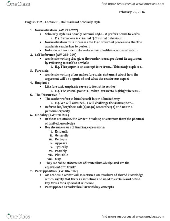 ENGL 112 Lecture Notes - Lecture 8: Academic Writing, Nominalization, Presupposition thumbnail