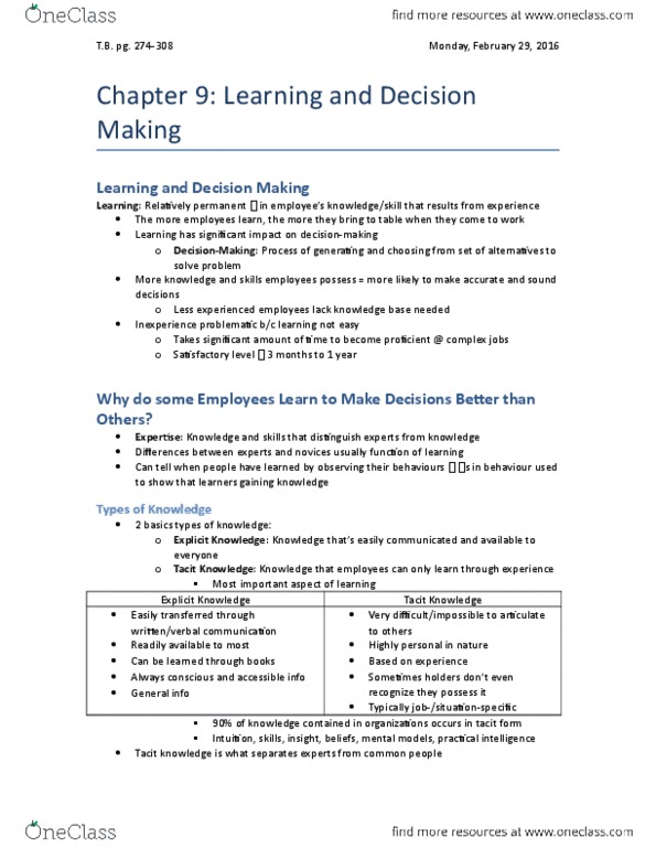 Management and Organizational Studies 2181A/B Chapter Notes - Chapter 9: Tacit Knowledge, Explicit Knowledge, Reinforcement thumbnail