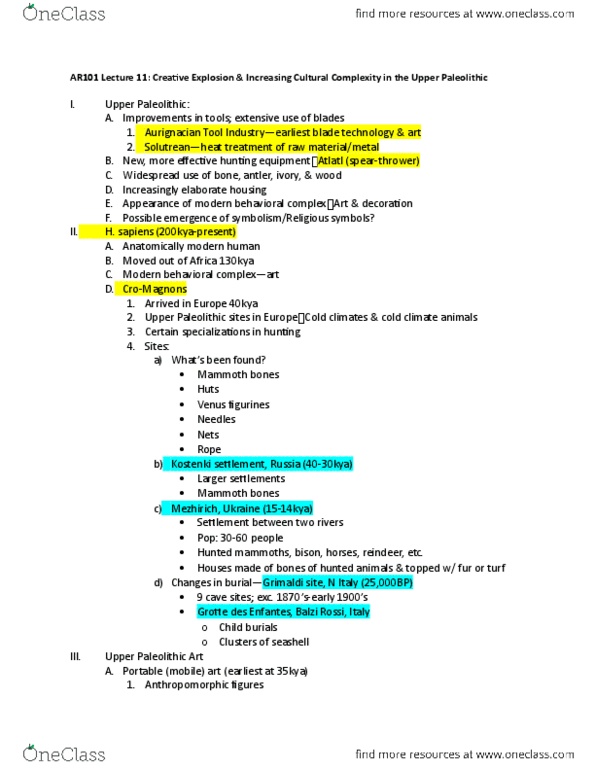 CAS AR 101 Lecture Notes - Lecture 11: Art Of The Upper Paleolithic, Anatomically Modern Human, Upper Paleolithic thumbnail