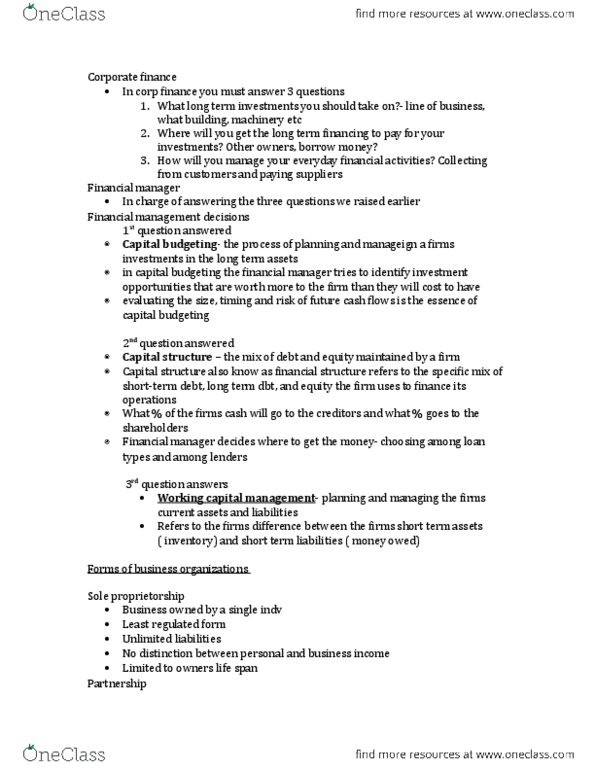 FIN 300 Lecture Notes - Lecture 1: Limited Liability, Agency Cost, Corporate Finance thumbnail