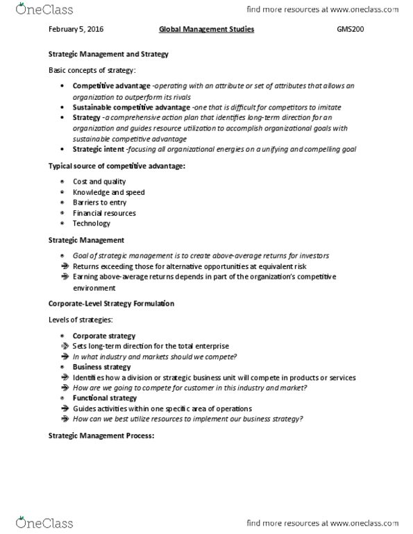 GMS 200 Lecture Notes - Lecture 6: Competitive Advantage, Strategic Business Unit, Strategic Management thumbnail