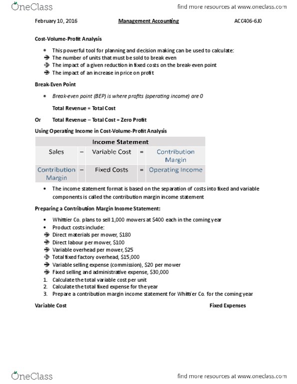 ACC 406 Lecture Notes - Lecture 3: Contribution Margin, Earnings Before Interest And Taxes, Management Accounting thumbnail