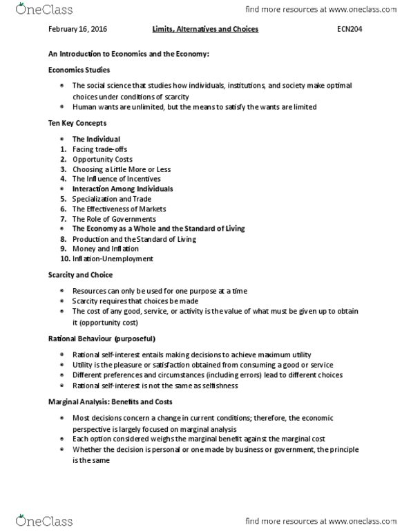 ECN 204 Chapter Notes - Chapter 1: Ceteris Paribus, Marginal Cost, Marginal Utility thumbnail