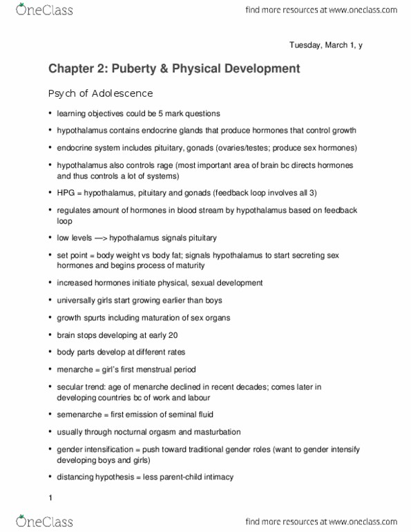 PSY 3105 Lecture Notes - Lecture 2: Prefrontal Cortex, Semen, Menarche thumbnail